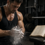 Bodybuilder chalking hands beside an open training logbook in a hardcore gym