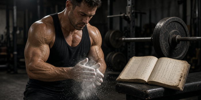 Bodybuilder chalking hands beside an open training logbook in a hardcore gym
